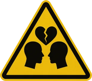 Grafik: Gelbes Warnsymbol mit zwei Köpfen und einem gebrochenen Herz als Symbol